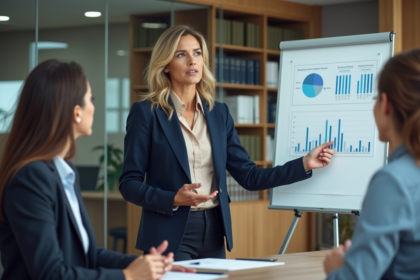 Femme confiante en réunion marketing avec collègues