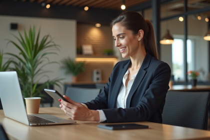 Femme professionnelle souriante avec tablette dans un coworking