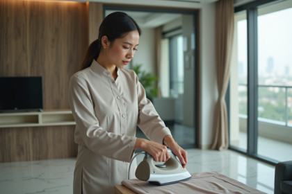 Femme d'Asie du Sud-Est repassant des vêtements dans un appartement moderne à Dubaï