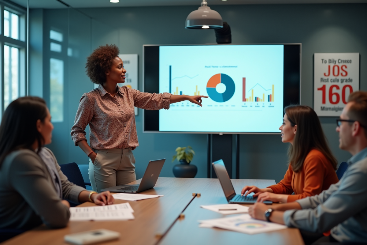 Femme africaine discutant avec collègues en réunion