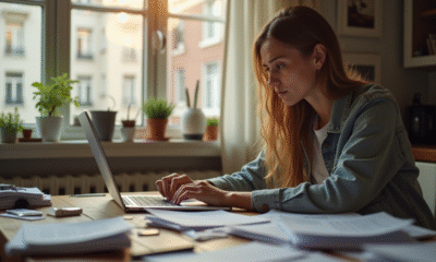 Jeune femme stressée travaillant à la maison sur une table encombrée
