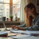 Jeune femme stressée travaillant à la maison sur une table encombrée
