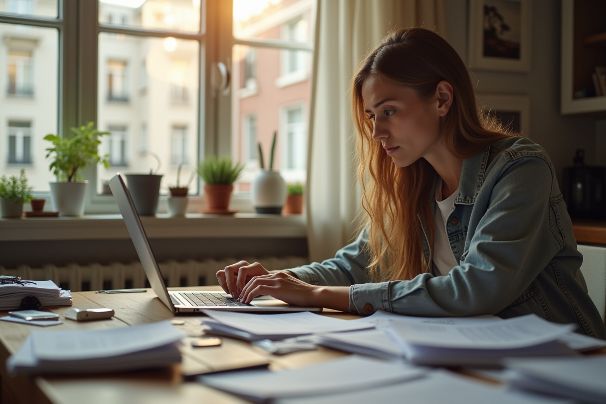 Jeune femme stressée travaillant à la maison sur une table encombrée