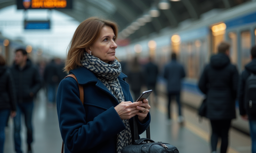 Femme ukrainienne dans une gare bondée regardant au loin