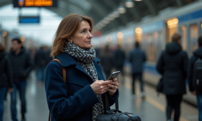Femme ukrainienne dans une gare bondée regardant au loin