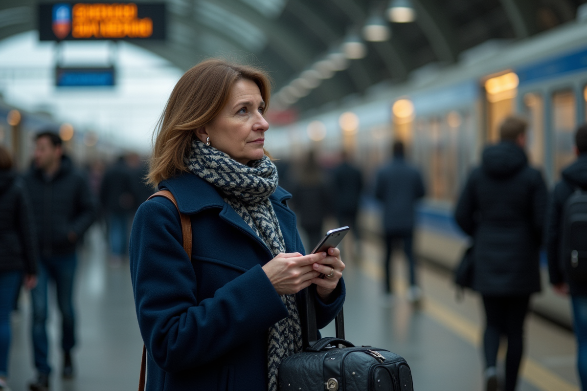 Femme ukrainienne dans une gare bondée regardant au loin