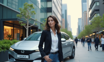 Femme confiante près d'une voiture électrique moderne en ville