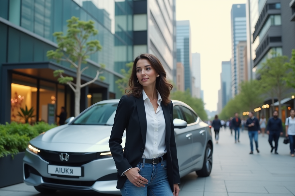 Femme confiante près d'une voiture électrique moderne en ville