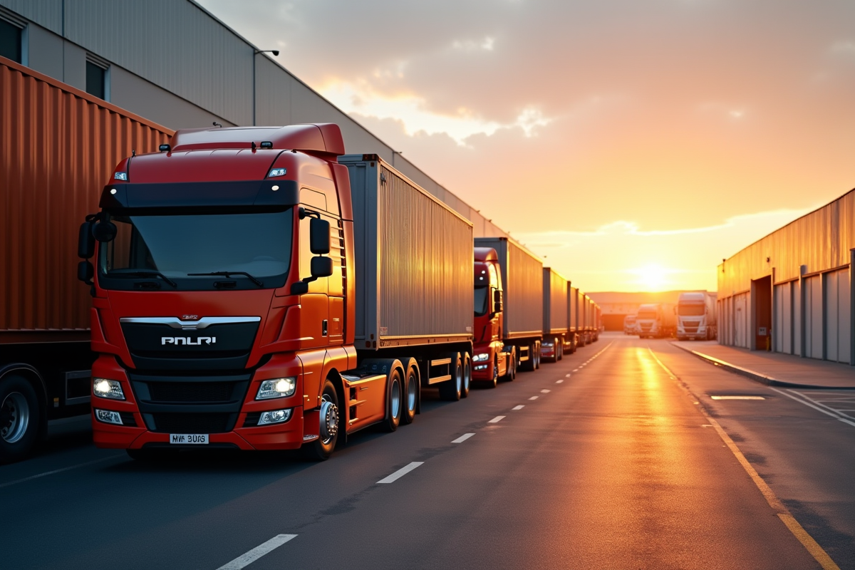 Flotte de camions ampliroll garés devant un dépôt au lever du soleil