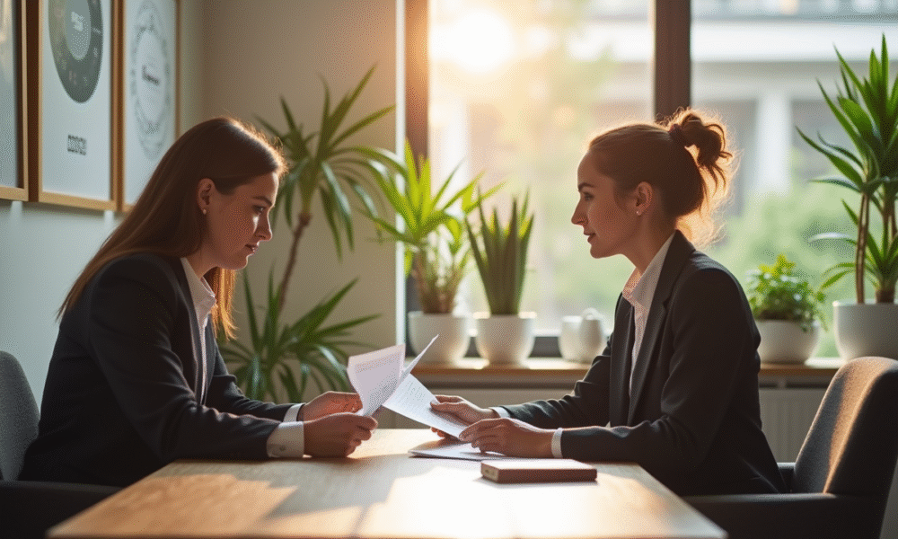 Manager de spa en réunion avec avocat dans un bureau moderne