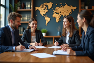 Groupe de professionnels en réunion d'affaires internationales