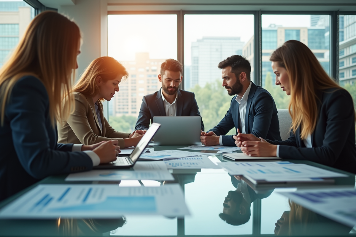 Groupe de professionnels dans un bureau lumineux pour l article