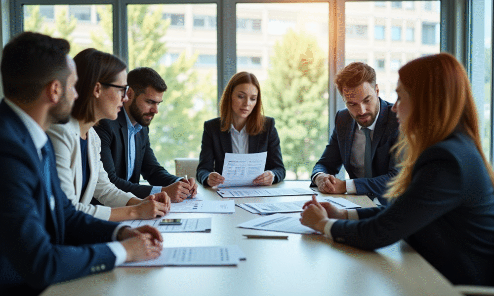Groupe de professionnels discutant de grilles de salaires