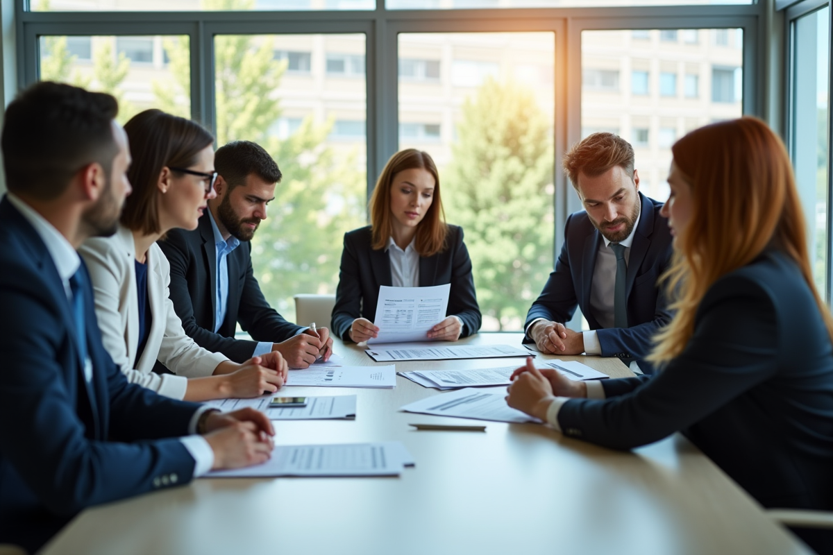 Groupe de professionnels discutant de grilles de salaires