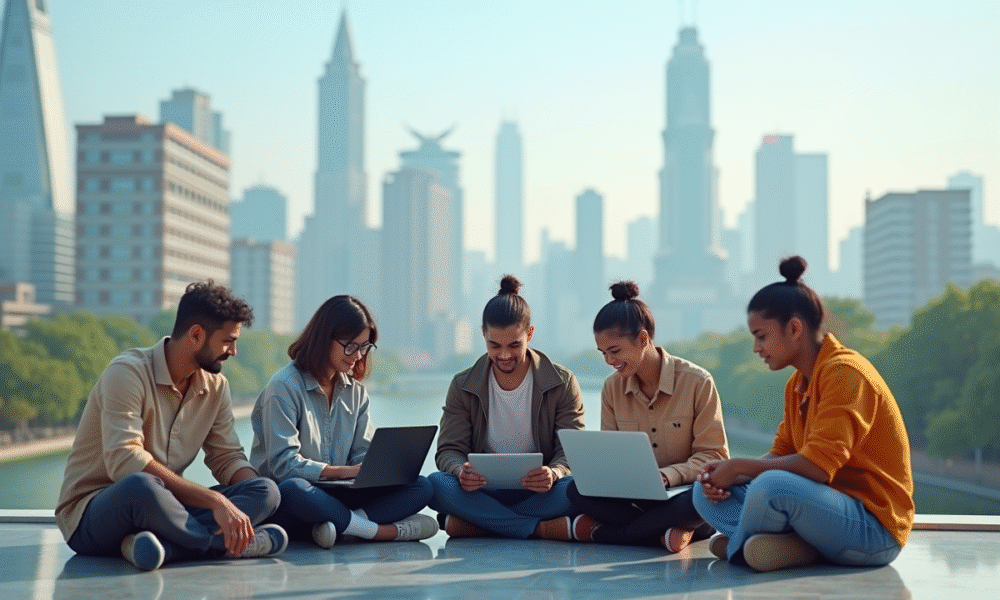 Groupe diversifié collaborant en extérieur avec vue sur une ville indienne