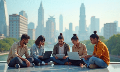 Groupe diversifié collaborant en extérieur avec vue sur une ville indienne