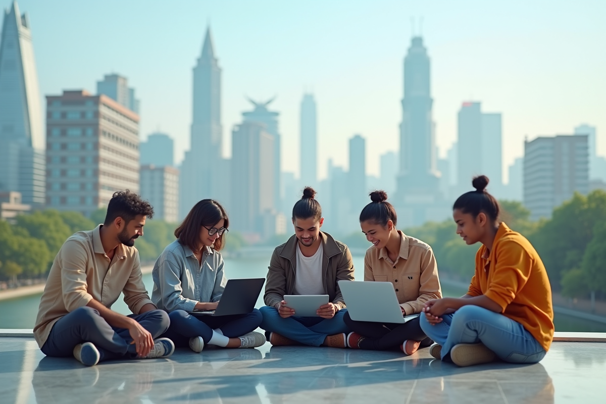 Groupe diversifié collaborant en extérieur avec vue sur une ville indienne
