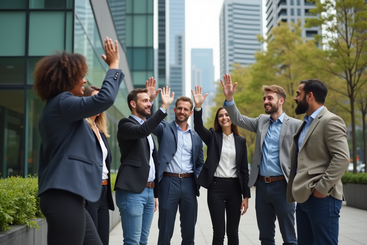 Groupe divers de cinq personnes célébrant en extérieur