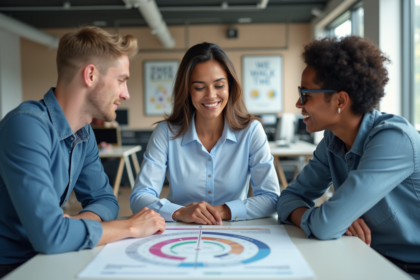Groupe de collègues autour d'une table avec un planning rotatif