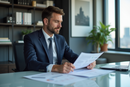Homme d'affaires en costume bleu examine des rapports financiers