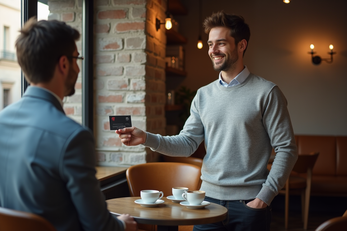 Jeune homme présente une carte de visite dans un café urbain chaleureux
