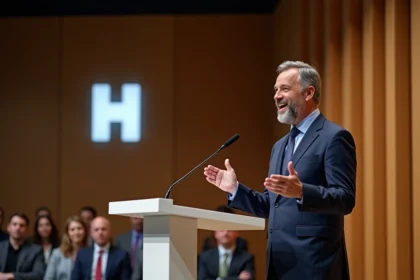 Homme d'âge moyen en costume navy parle en conférence