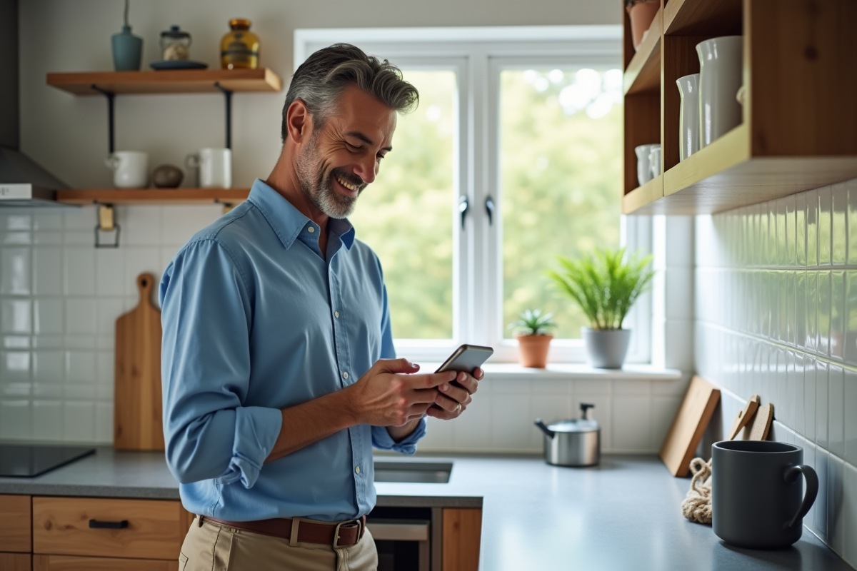 Homme décontracté envoyant un email sur son smartphone dans la cuisine