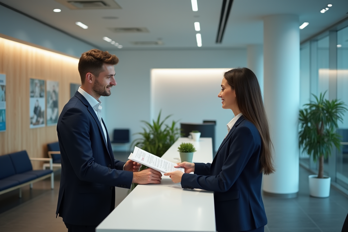 Jeune homme remettant un dossier à un agent administratif