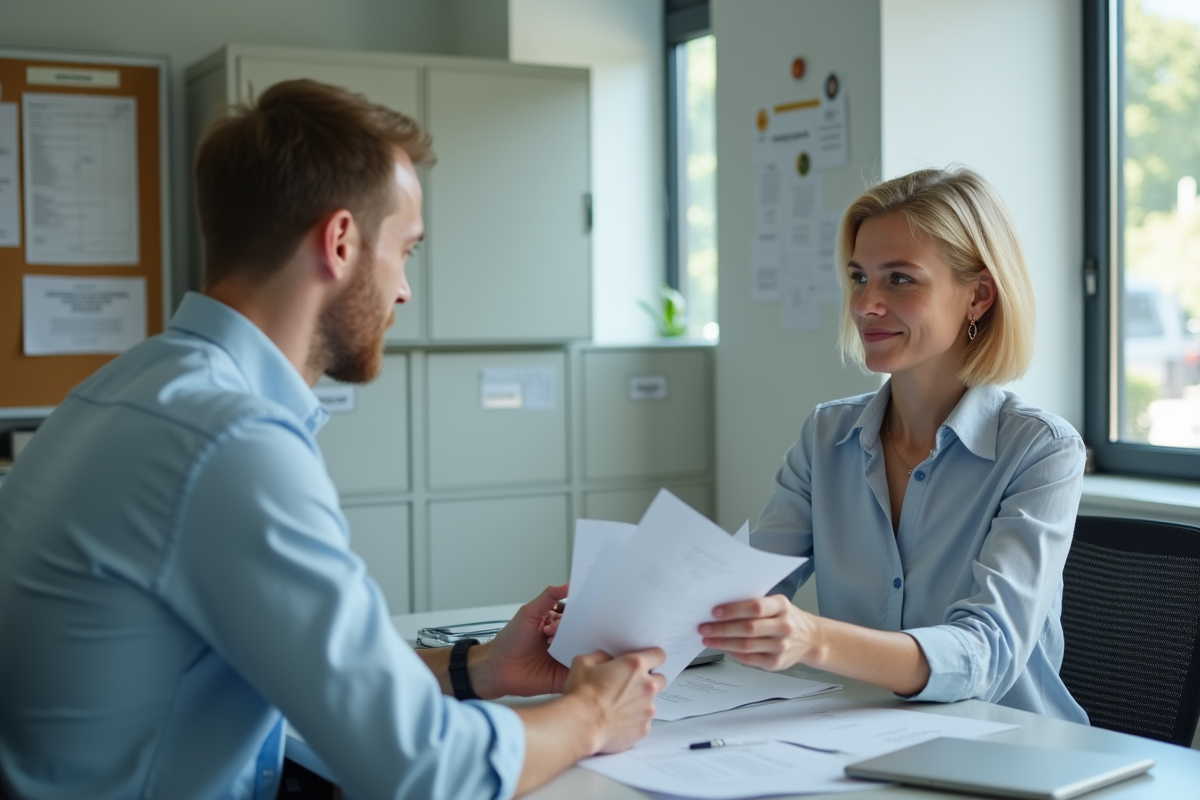 Jeune homme remettant un dossier à une agente dans un bureau municipal