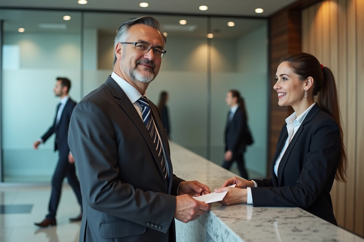 Homme en costume remettant une enveloppe à une réceptionniste
