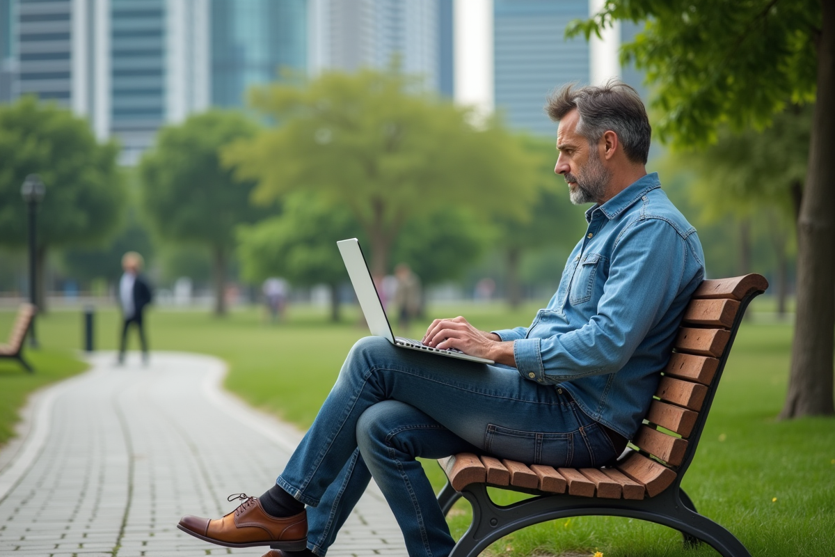 Homme détendu travaillant sur son ordinateur dans un parc