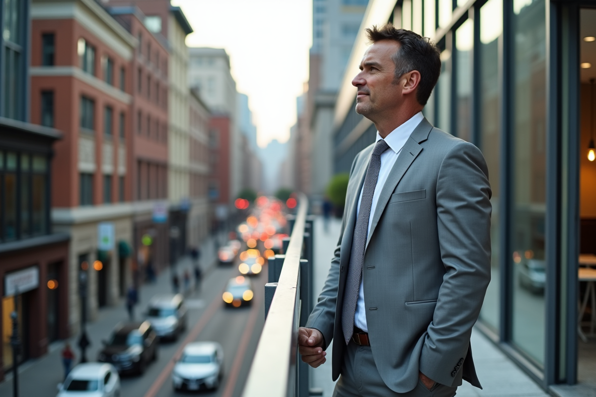 Homme d affaires surveillant la ville depuis un balcon