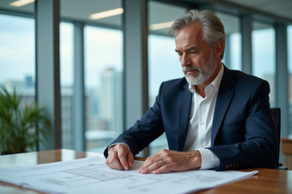Ingénieur homme en costume bleu examine plans architecturaux