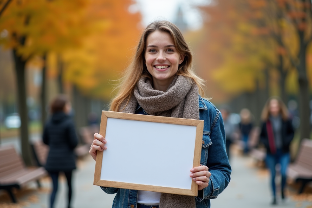 Jeune femme tenant une affiche dans un parc urbain