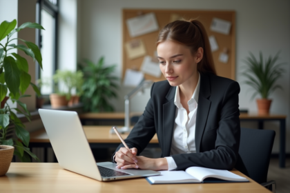 Jeune femme en blazer étudie des analyses de campagne