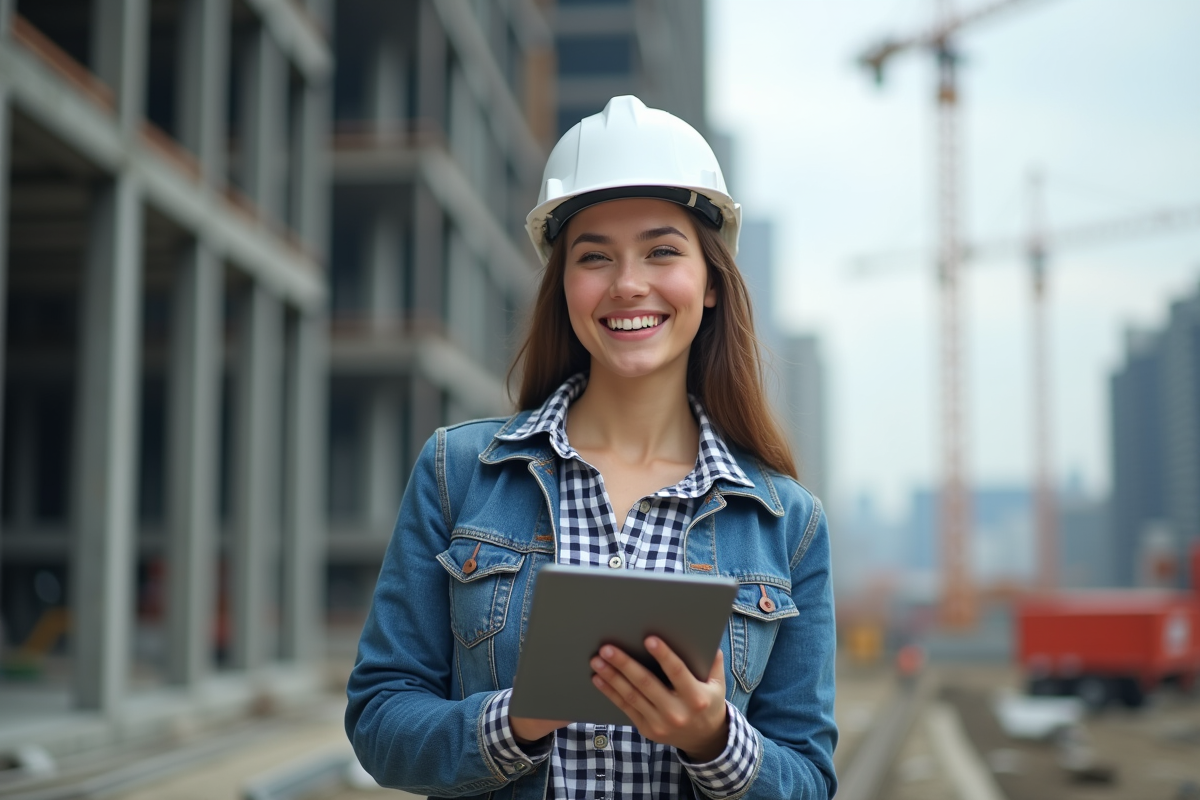 Jeune femme ingénieur souriante sur un chantier de construction