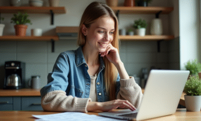 Jeune femme en denim crée un flyer sur son ordinateur à la maison