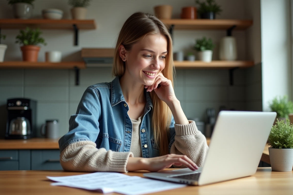 Jeune femme en denim crée un flyer sur son ordinateur à la maison