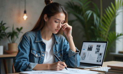Jeune femme en denim esquissant des posters créatifs dans un bureau moderne