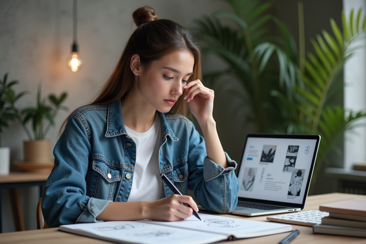 Jeune femme en denim esquissant des posters créatifs dans un bureau moderne