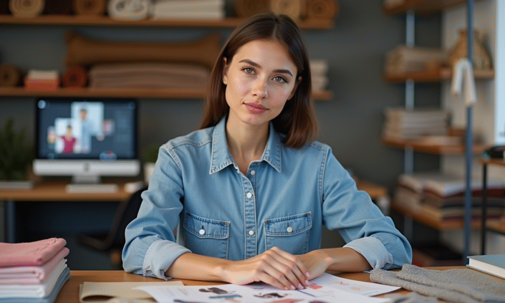 Jeune femme choisissant des échantillons de textile dans un studio moderne
