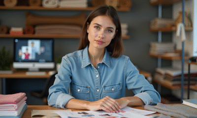 Jeune femme choisissant des échantillons de textile dans un studio moderne