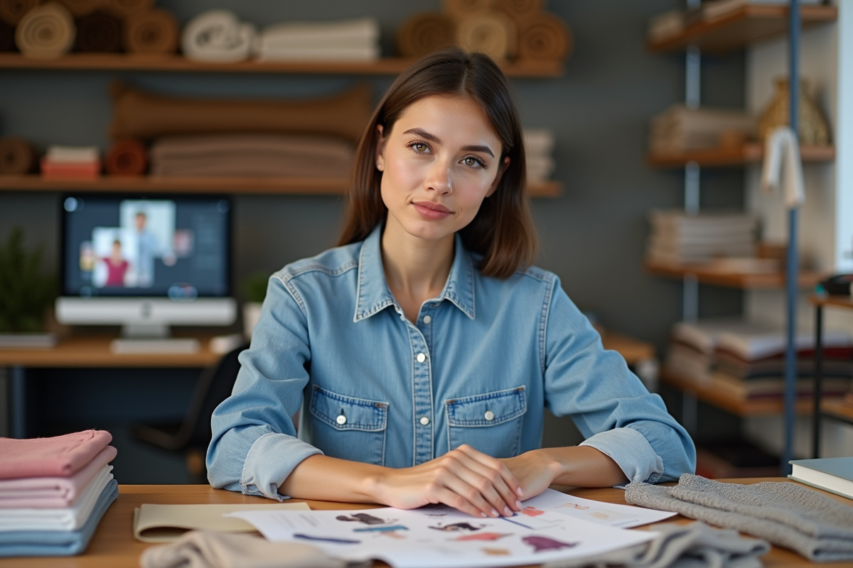 Jeune femme choisissant des échantillons de textile dans un studio moderne