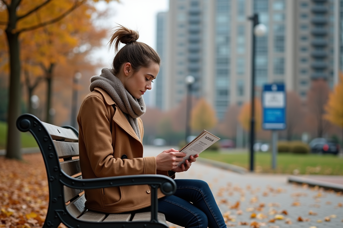 Jeune femme lisant un dépliant dans un parc en automne