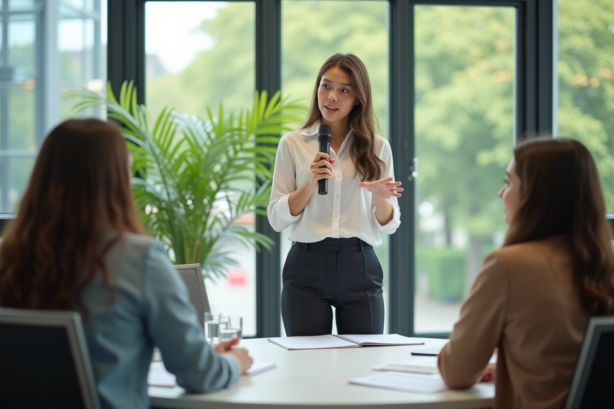 Jeune femme avec micro lors d