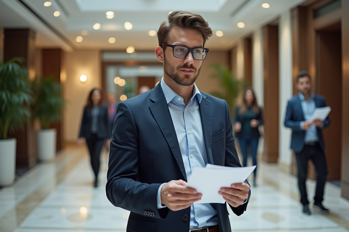 Jeune homme d affaires dans le hall d une entreprise