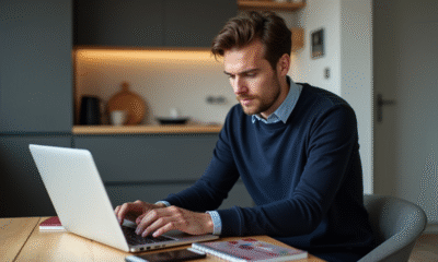 Jeune homme concentré sur son ordinateur dans une cuisine moderne