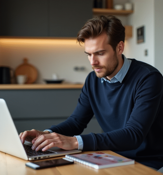 Jeune homme concentré sur son ordinateur dans une cuisine moderne