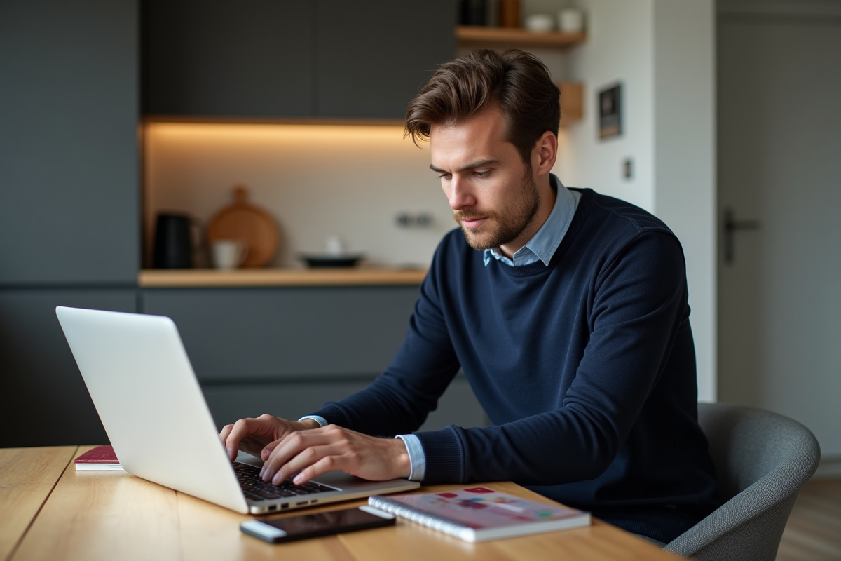 Jeune homme concentré sur son ordinateur dans une cuisine moderne