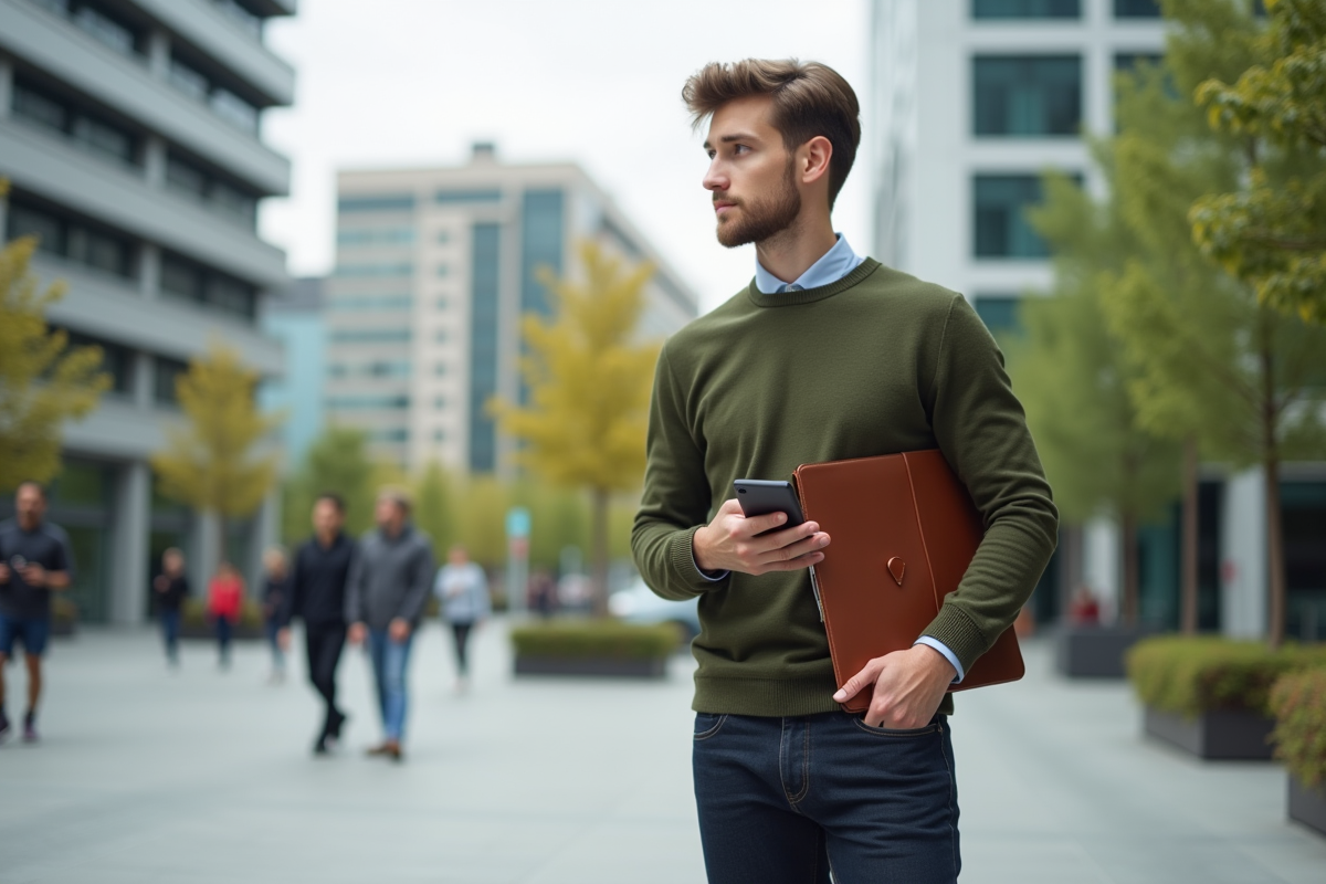 Jeune homme en extérieur dans une place urbaine avec smartphone